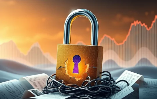 An abstract depiction of crypto security challenges, showing a fractured digital lock surrounded by regulatory documents, symbolizing the need to rebuild institutional trust after major breaches.