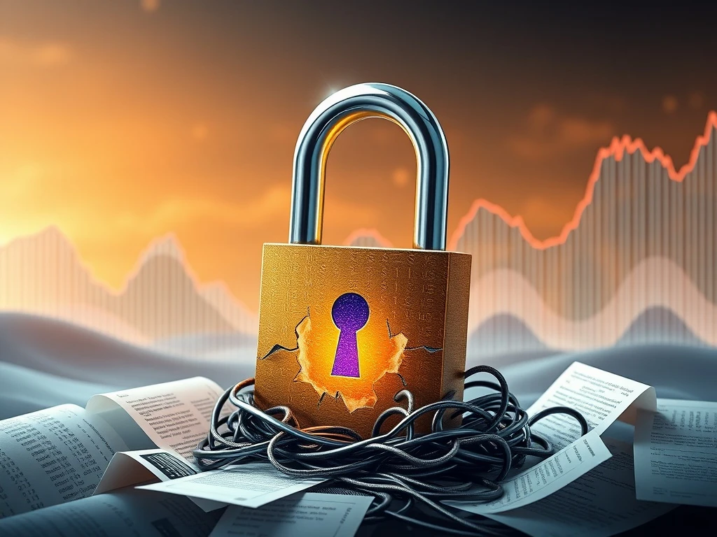 An abstract depiction of crypto security challenges, showing a fractured digital lock surrounded by regulatory documents, symbolizing the need to rebuild institutional trust after major breaches.