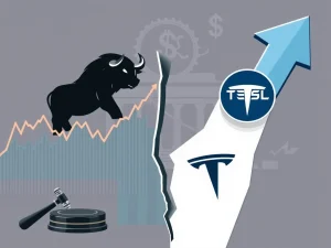 Charts showing diverging performances of crypto stocks against a rising US stock market, highlighting Tesla's post-earnings dip and overall market volatility.