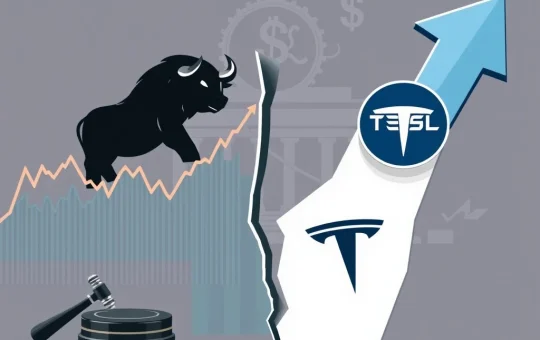 Charts showing diverging performances of crypto stocks against a rising US stock market, highlighting Tesla's post-earnings dip and overall market volatility.