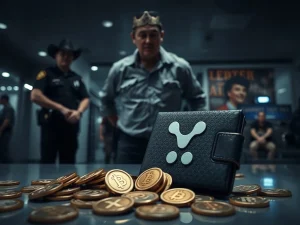 An illustration of a crypto theft, showing a Ledger wallet and XRP coins, representing the stolen digital assets and the financial crime.