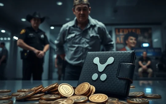 An illustration of a crypto theft, showing a Ledger wallet and XRP coins, representing the stolen digital assets and the financial crime.