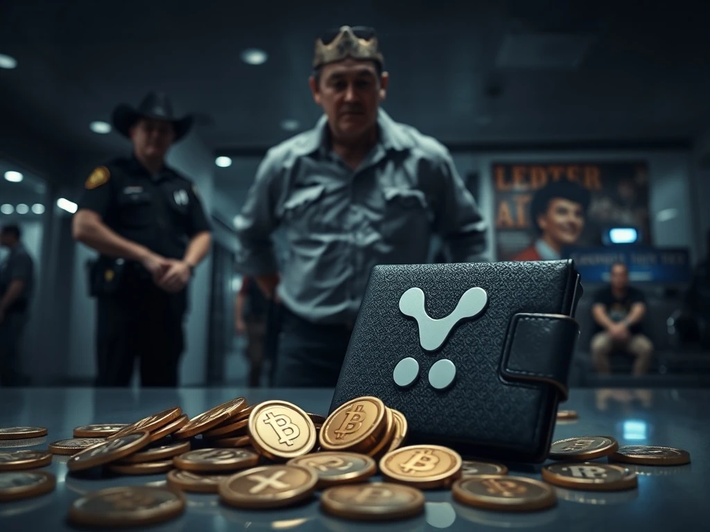 An illustration of a crypto theft, showing a Ledger wallet and XRP coins, representing the stolen digital assets and the financial crime.