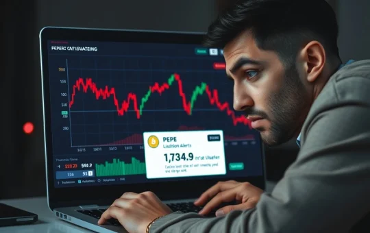 Distressed crypto trader watching PEPE coin liquidations on a laptop