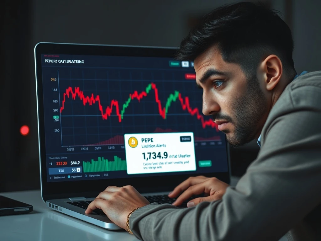 Distressed crypto trader watching PEPE coin liquidations on a laptop