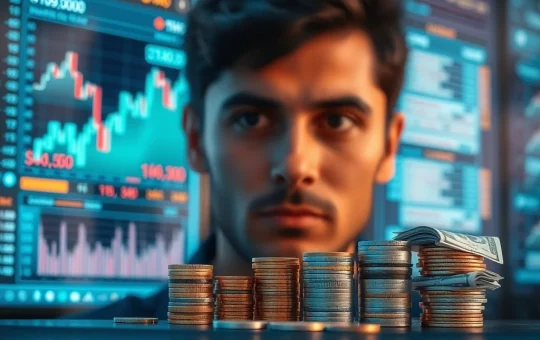 A visual representation of cryptocurrency trading decisions, showing different amounts of entry capital, digital charts, and AI tools helping traders navigate the market.