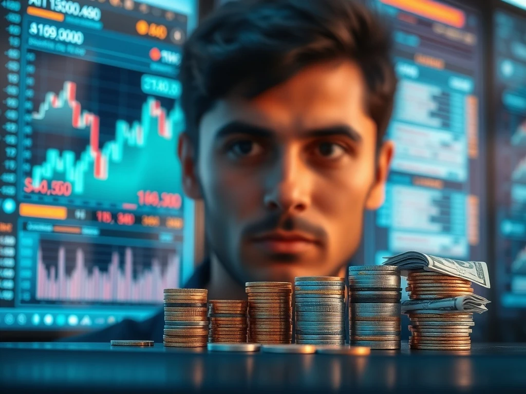 A visual representation of cryptocurrency trading decisions, showing different amounts of entry capital, digital charts, and AI tools helping traders navigate the market.