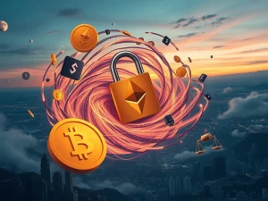 An illustration depicting the inherent market risks and cybersecurity vulnerabilities of cryptocurrencies, with volatile price charts and digital locks.