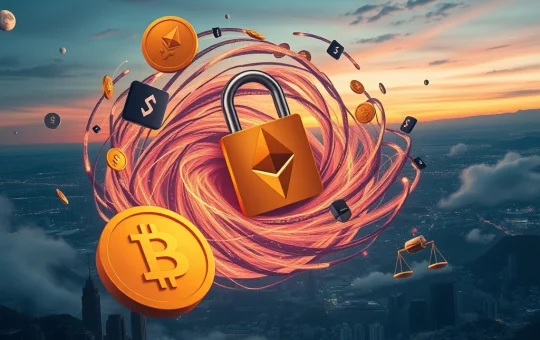 An illustration depicting the inherent market risks and cybersecurity vulnerabilities of cryptocurrencies, with volatile price charts and digital locks.