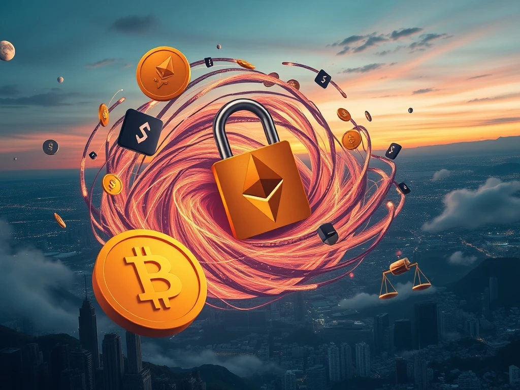 An illustration depicting the inherent market risks and cybersecurity vulnerabilities of cryptocurrencies, with volatile price charts and digital locks.
