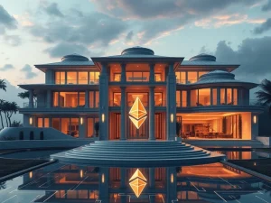 An elegant mansion representing the convergence of cryptocurrency real estate and luxury investing, symbolizing privacy and digital asset integration.
