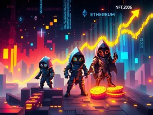 A vibrant digital art piece illustrating the dramatic surge in CryptoPunks NFT sales, with their floor price reaching 50 ETH.