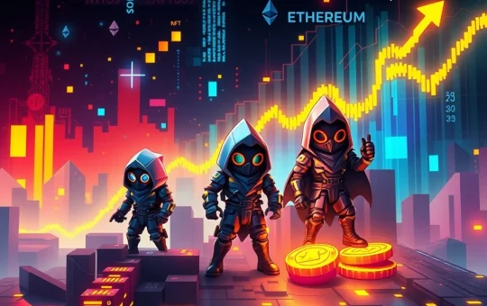 A vibrant digital art piece illustrating the dramatic surge in CryptoPunks NFT sales, with their floor price reaching 50 ETH.