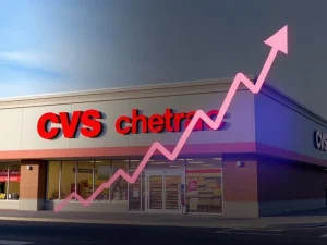 CVS storefront with stock chart showing Q2 earnings surge