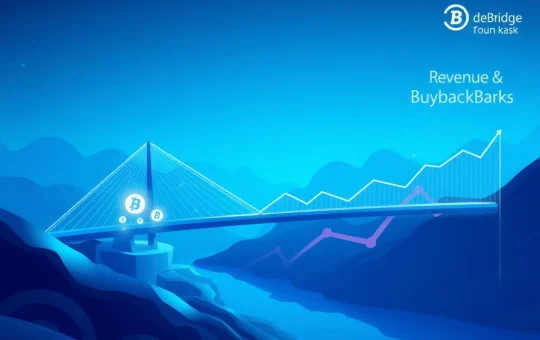 A digital bridge representing deBridge, with DBR tokens flowing, symbolizing the strategic token buyback stabilizing the post-unlock market.