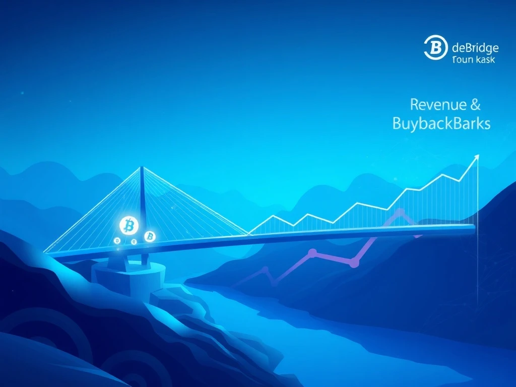 A digital bridge representing deBridge, with DBR tokens flowing, symbolizing the strategic token buyback stabilizing the post-unlock market.