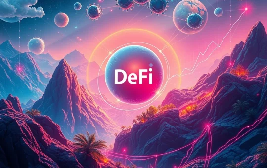 A dynamic visual representing a leading DeFi Project gaining serious crypto momentum, with intertwined digital and real-world assets symbolizing financial innovation.
