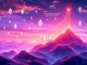 A digital graph showing DeFi TVL surging past $140 billion, with Ethereum blockchain symbols, illustrating decentralized finance growth.