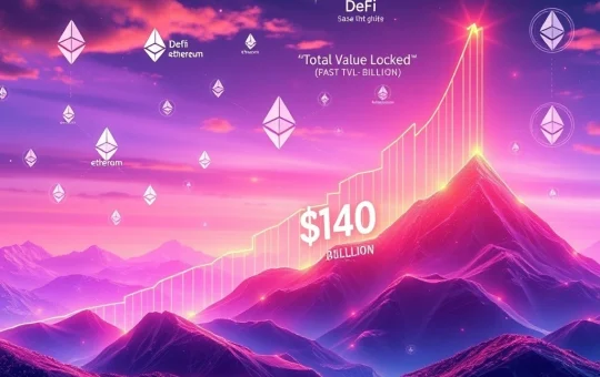 A digital graph showing DeFi TVL surging past $140 billion, with Ethereum blockchain symbols, illustrating decentralized finance growth.