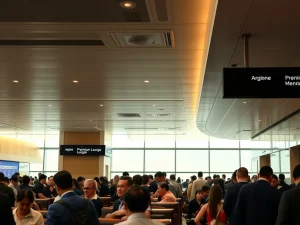 Overcrowded Delta Air Lines premium lounge highlighting the challenge of managing high travel demand and the struggle for exclusivity.