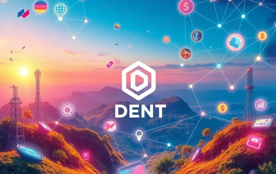 A digital representation of DENT crypto token rising, surrounded by interconnected global networks, symbolizing strategic partnerships and growth in decentralized telecom.