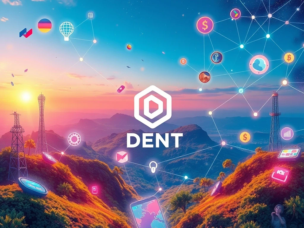 A digital representation of DENT crypto token rising, surrounded by interconnected global networks, symbolizing strategic partnerships and growth in decentralized telecom.