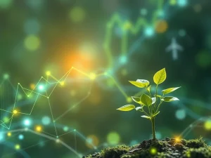 A visual representation of DevvStream's blockchain sustainability strategy, showing digital assets intertwined with green energy and environmental projects.