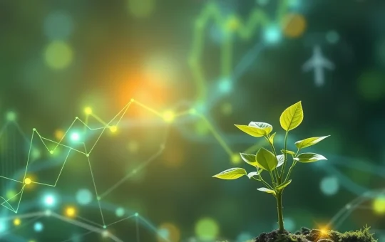 A visual representation of DevvStream's blockchain sustainability strategy, showing digital assets intertwined with green energy and environmental projects.