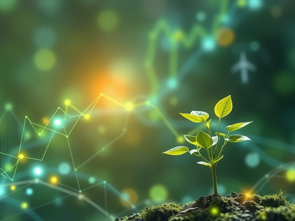 A visual representation of DevvStream's blockchain sustainability strategy, showing digital assets intertwined with green energy and environmental projects.