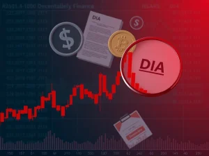 A dramatic red candlestick chart illustrating DIA's significant price drop, with a magnifying glass highlighting regulatory concerns in the crypto market.