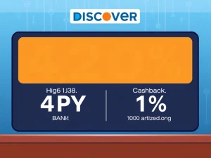 A digital screen displaying Discover Bank's competitive 4.20% APY for CDs and 1% cashback debit, highlighting its strong Discover Bank APY offerings.