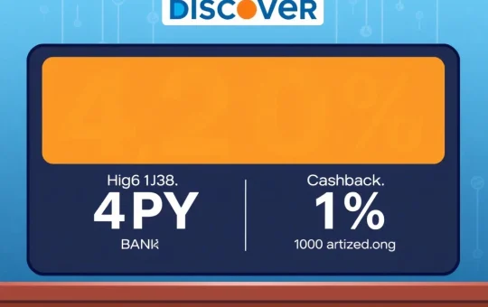 A digital screen displaying Discover Bank's competitive 4.20% APY for CDs and 1% cashback debit, highlighting its strong Discover Bank APY offerings.