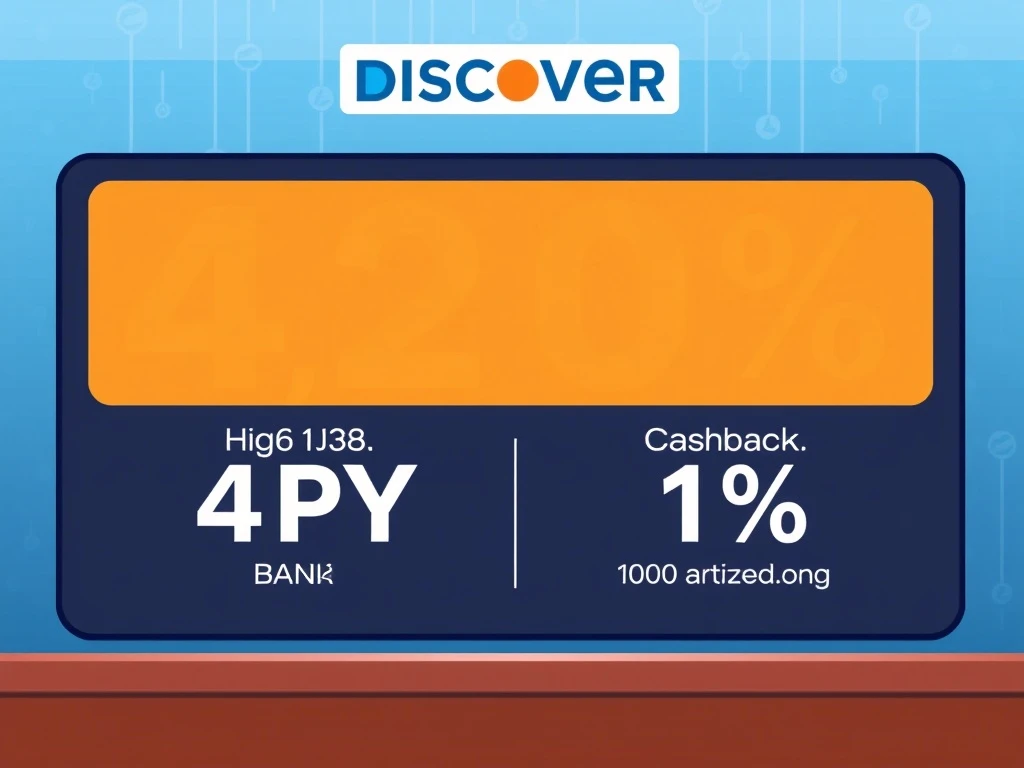 A digital screen displaying Discover Bank's competitive 4.20% APY for CDs and 1% cashback debit, highlighting its strong Discover Bank APY offerings.