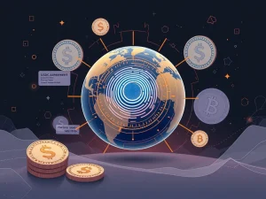 A conceptual image showing biometric iris scanning integrated with digital currency, symbolizing Divine Research's risky USDC loans.