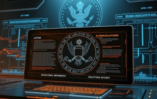 A visual representation of the DOGE AI Tool at work, digitally streamlining complex federal regulations, symbolizing the drive for government efficiency.