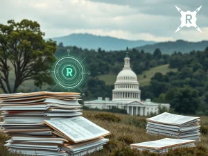 A futuristic interface showing the DOGE AI tool analyzing and streamlining federal regulations for enhanced government efficiency.