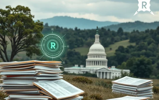 A futuristic interface showing the DOGE AI tool analyzing and streamlining federal regulations for enhanced government efficiency.