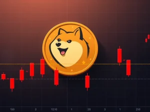 Dogecoin (DOGE) price chart showing a significant drop, highlighting a critical support level test amidst market volatility.