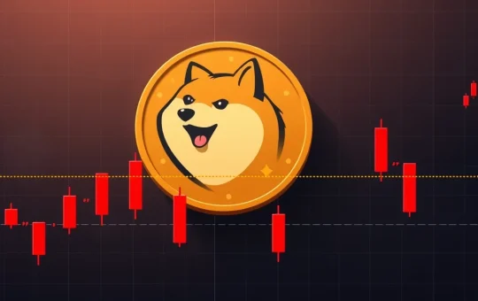 Dogecoin (DOGE) price chart showing a significant drop, highlighting a critical support level test amidst market volatility.