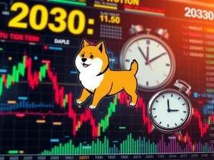 A chart showing a Dogecoin price prediction towards a $4.20 target by 2030, representing the speculative nature of its future.