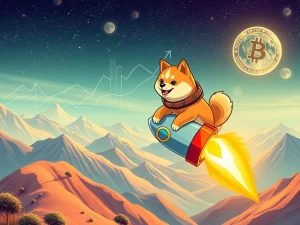 A Shiba Inu dog on a rocket symbolizing Dogecoin's astounding gains and market volatility from a $1,000 DOGE investment.