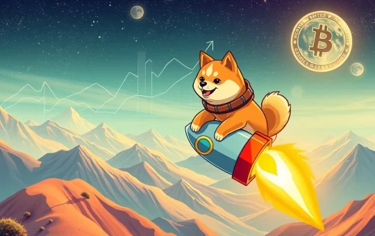 A Shiba Inu dog on a rocket symbolizing Dogecoin's astounding gains and market volatility from a $1,000 DOGE investment.