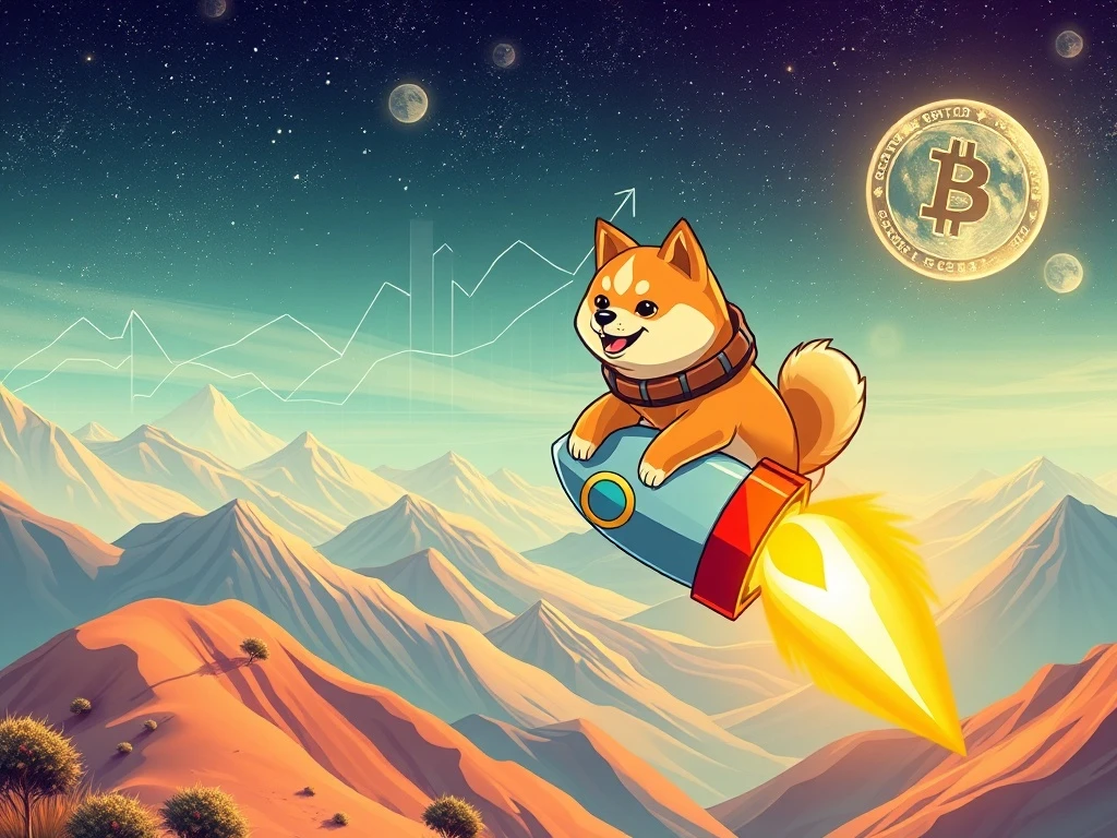 A Shiba Inu dog on a rocket symbolizing Dogecoin's astounding gains and market volatility from a $1,000 DOGE investment.