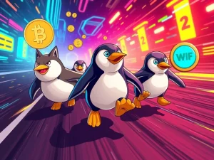 Dogecoin faces competition from Pudgy Penguins, FLOKI, and WIF in the meme coin market.