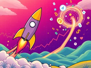 Dogecoin rocket ascending, symbolizing potential breakout, while another crypto icon surges amidst market hype and liquidity.