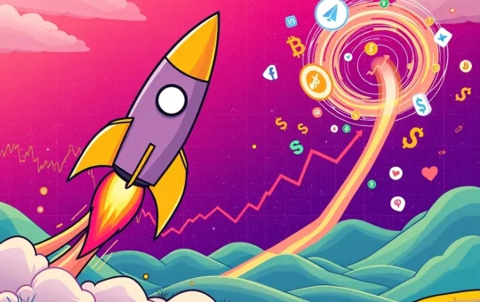 Dogecoin rocket ascending, symbolizing potential breakout, while another crypto icon surges amidst market hype and liquidity.