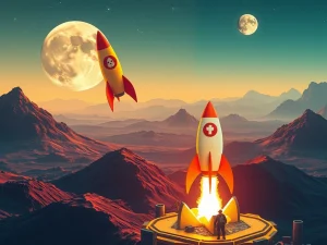 Dogecoin rocket flying high with a Little Pepe token launching, symbolizing potential for immense crypto returns and presale success.