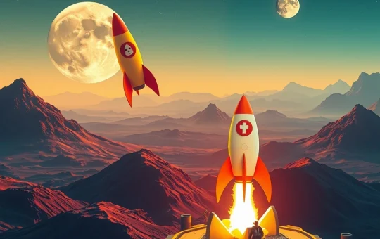 Dogecoin rocket flying high with a Little Pepe token launching, symbolizing potential for immense crypto returns and presale success.