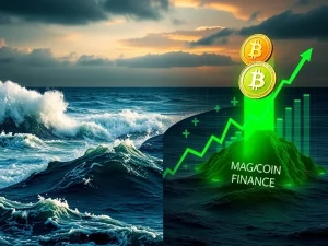 Illustrating Dogecoin's volatility pushing investors towards the stable growth of MAGACOIN FINANCE.