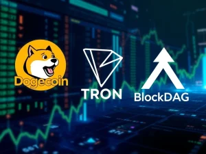 Dogecoin news today featuring Tron governance concerns and BlockDAG's $356M presale success